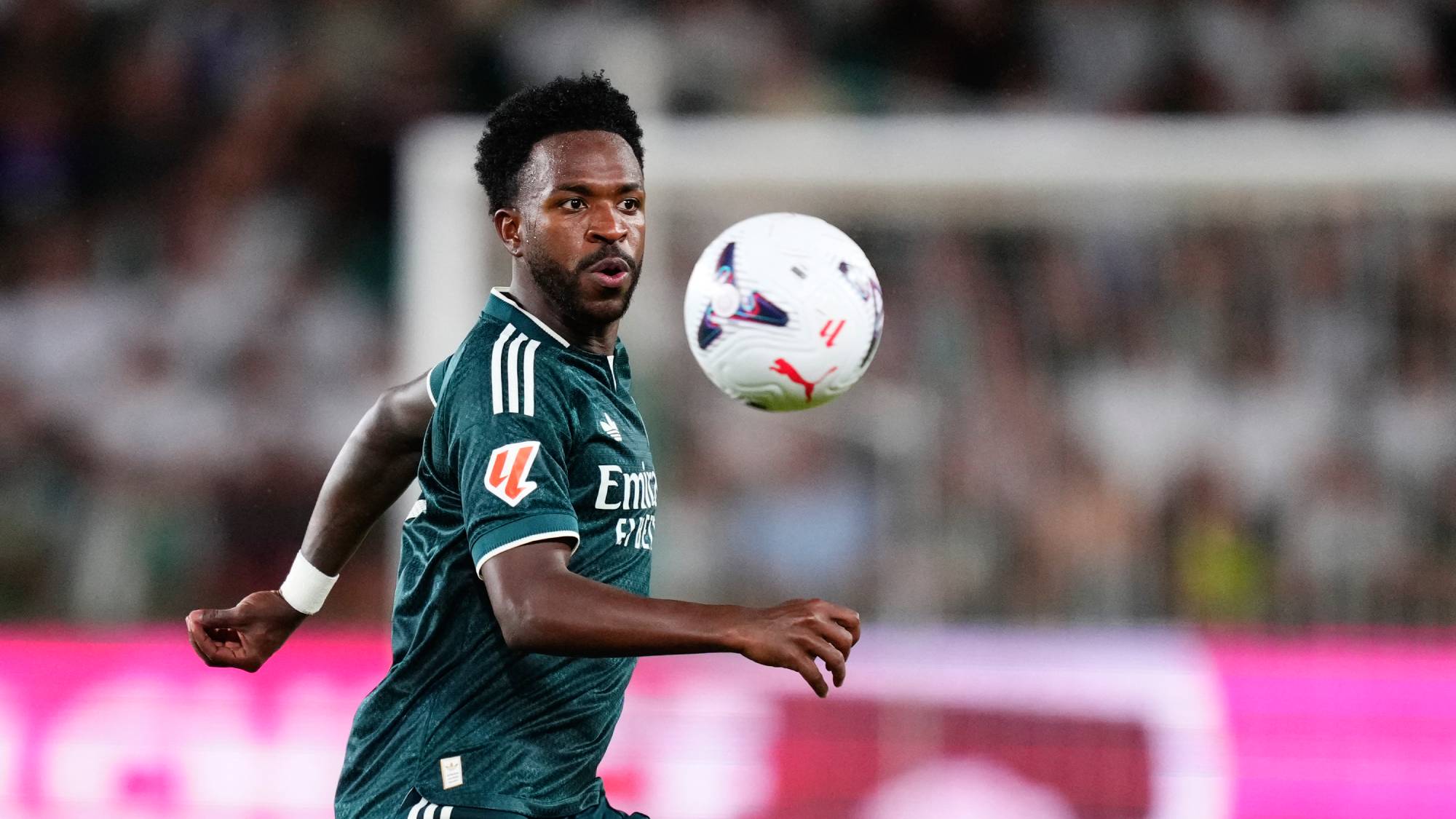 Vinicius Junior left winger of Real Madrid and Brazil in action during the LaLiga EA Sports 2026/27 match between Elche CF and Real Madrid at Estadio Manuel Martinez Valero on September 15, 2026 in Elche, Spain. (Photo by Jose Breton/Pics Action/NurPhoto)