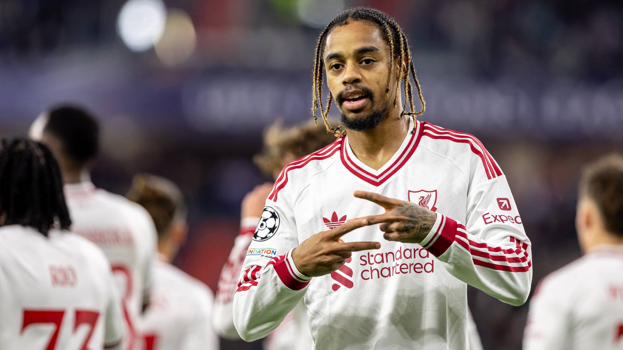 Liverpool's French midfielder #29 Bradley Barcola celebrates scoring the 0-2 goal with his teammates during the UEFA Champions League football match between LASK and Liverpool FC in Linz, Austria on October 14, 2026.
