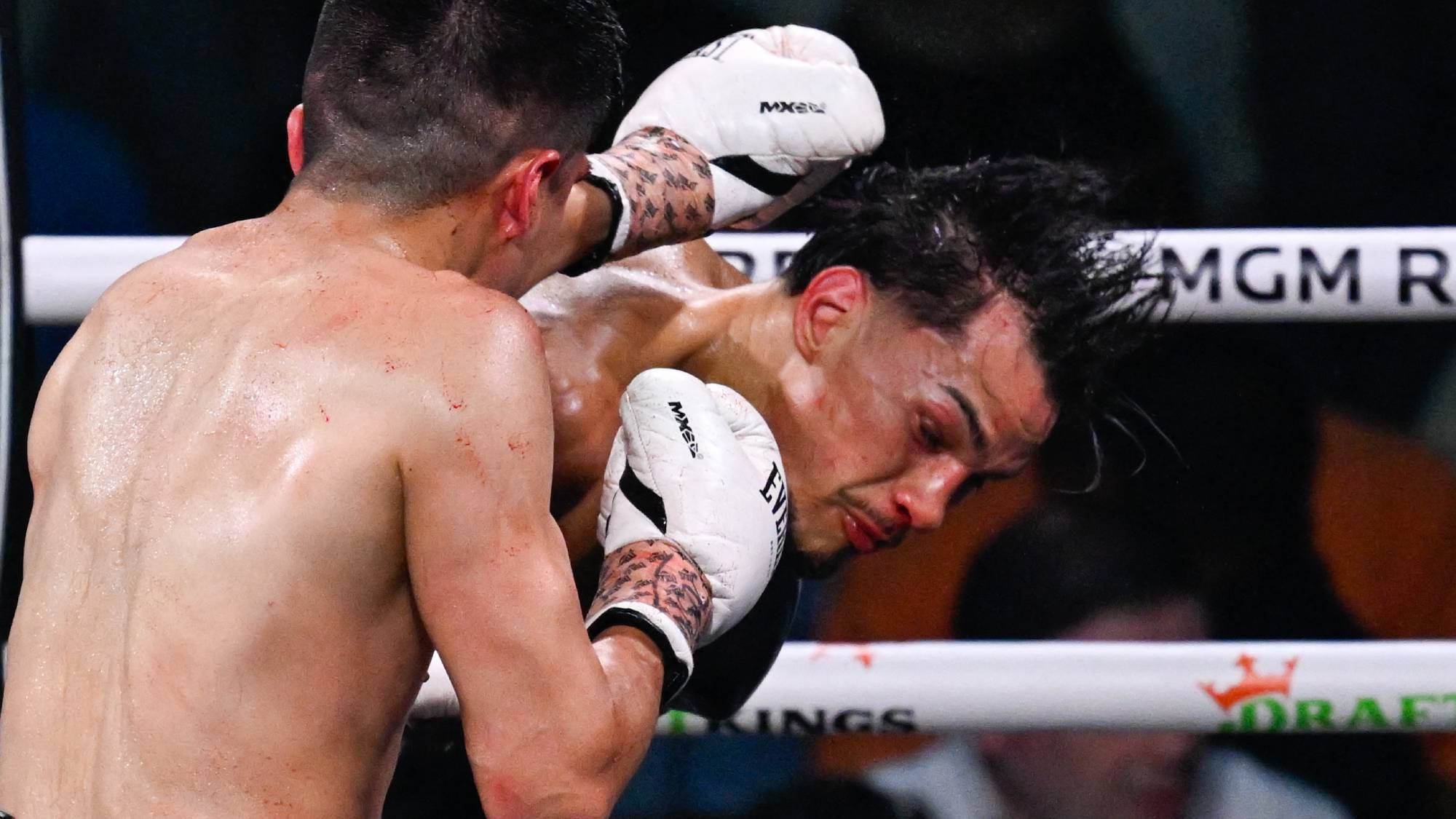 LAS VEGAS, NEVADA - JULY 19: Brandon Figueroa (in black short) and Joet Gonzalez (in gray short) exchange punches during their WBC featherweight title eliminator of the Premiere Boxing Championship on Saturday night at MGM Grand Garden Arena in Las Vegas, Nevada, United States on July 19, 2025. Tayfun Coskun / Anadolu