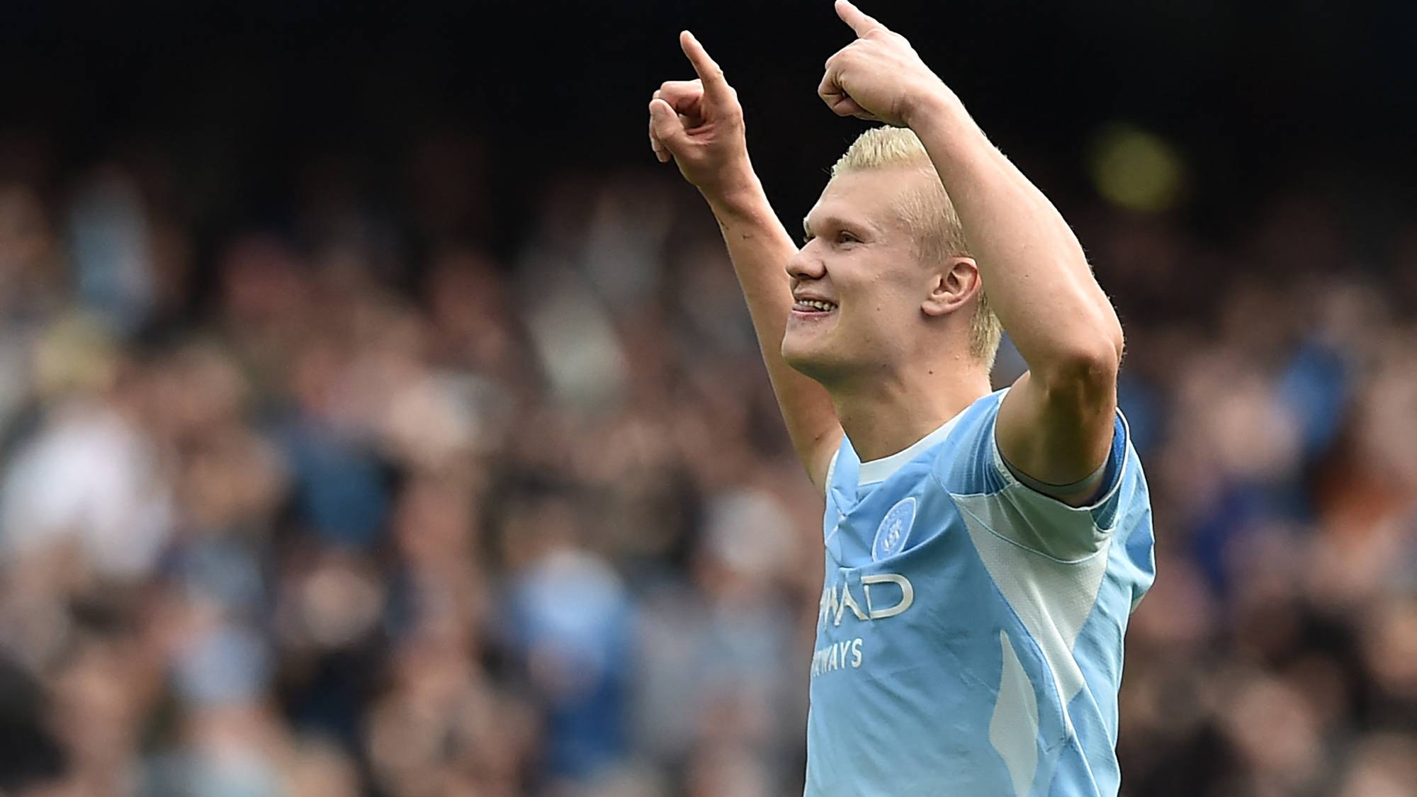 Manchester City's Norwegian striker #09 Erling Haaland celebrates scoring their fifth goal during the English Premier League football match between Manchester City and Sunderland at the Etihad Stadium in Manchester, north west England, on September 20, 2026.