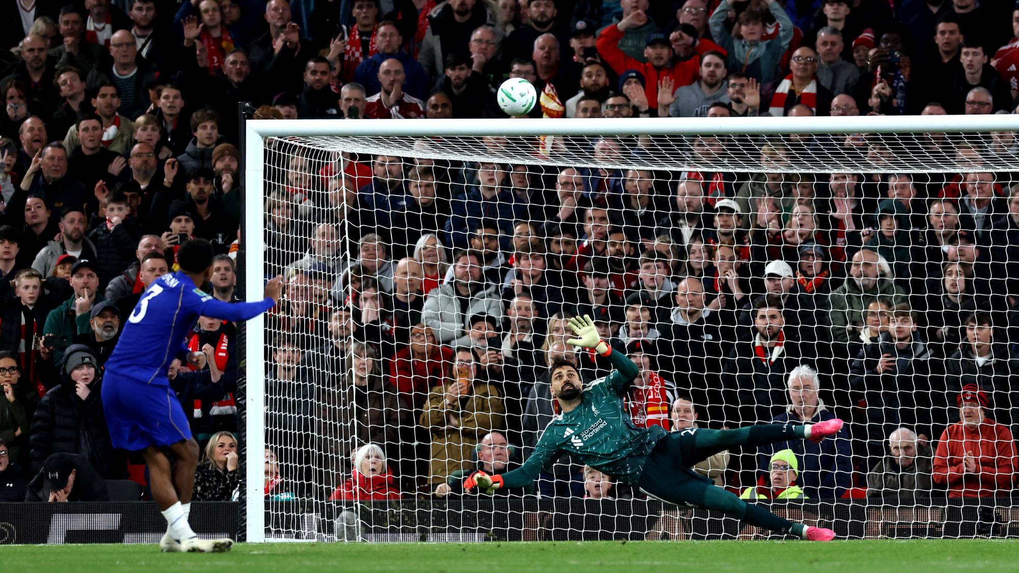 Chelsea's French defender #03 Wesley Fofana fails to score from the penalty spot during the English League Cup fourth round football match between Liverpool and Chelsea at Anfield in Liverpool, north west England on October 28, 2026.