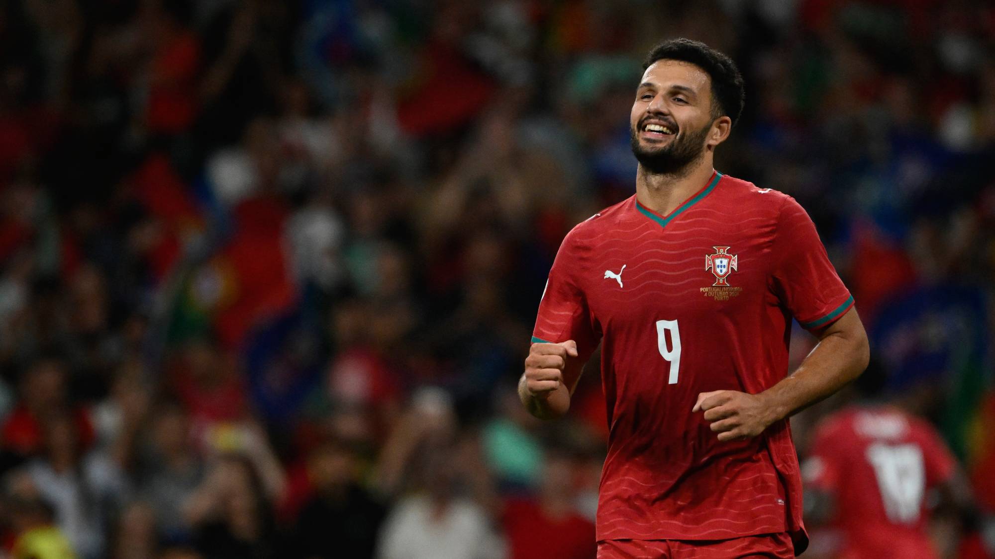Portugal's forward #09 Goncalo Ramos celebrates scoring his team's second goal during the UEFA Nations League Group 4 football match between Portugal and Norway at Dragao stadium in Porto on October 3, 2026