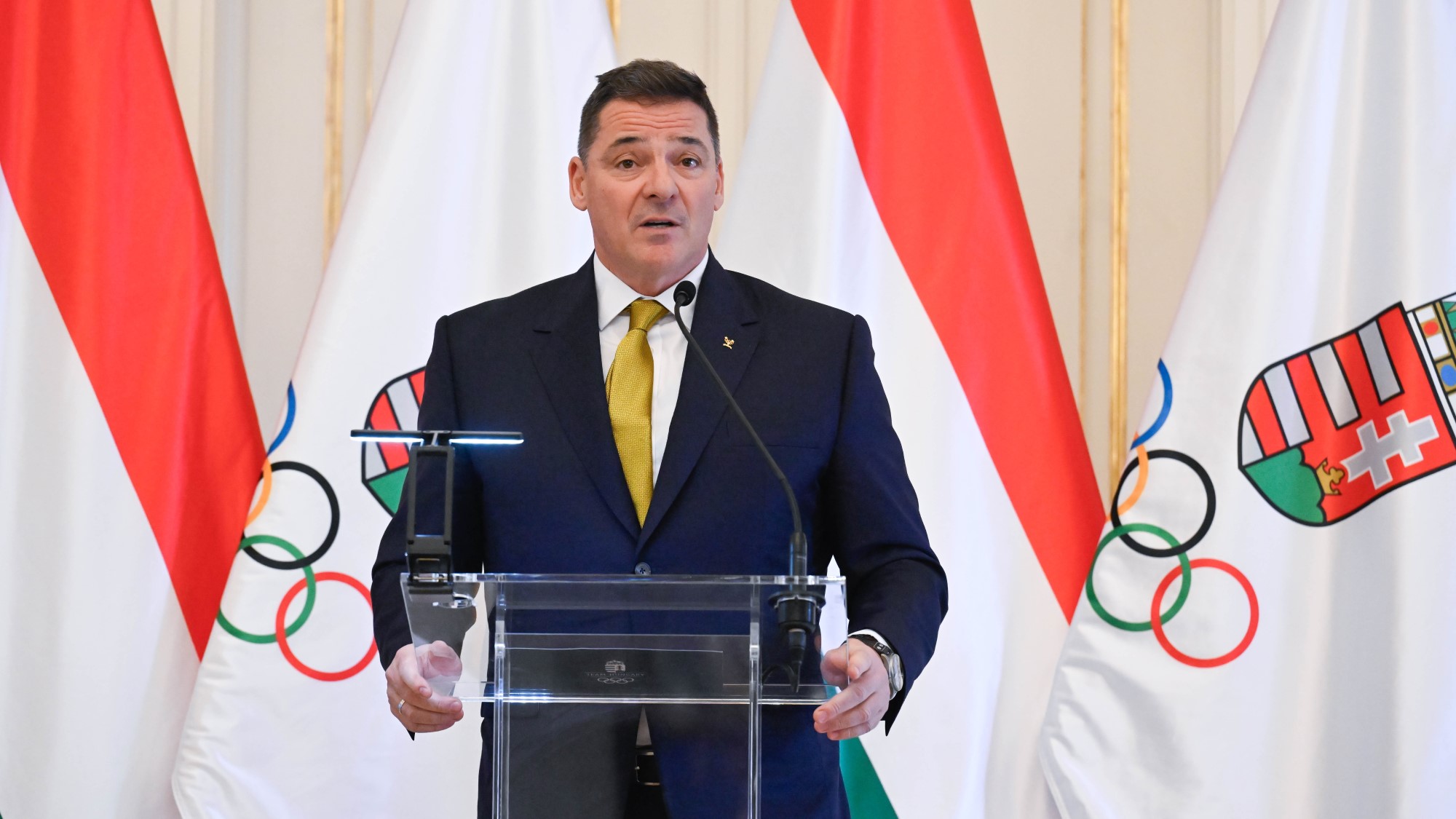 Gyulay Zsolt, a Magyar Olimpiai Bizottság (MOB) elnöke beszédet mond a február 6-án kezdődő milánói-cortinai téli olimpiára utazó magyar csapat tagjaival a Sándor-palotában tartott eskütételen 2026. január 24-én.