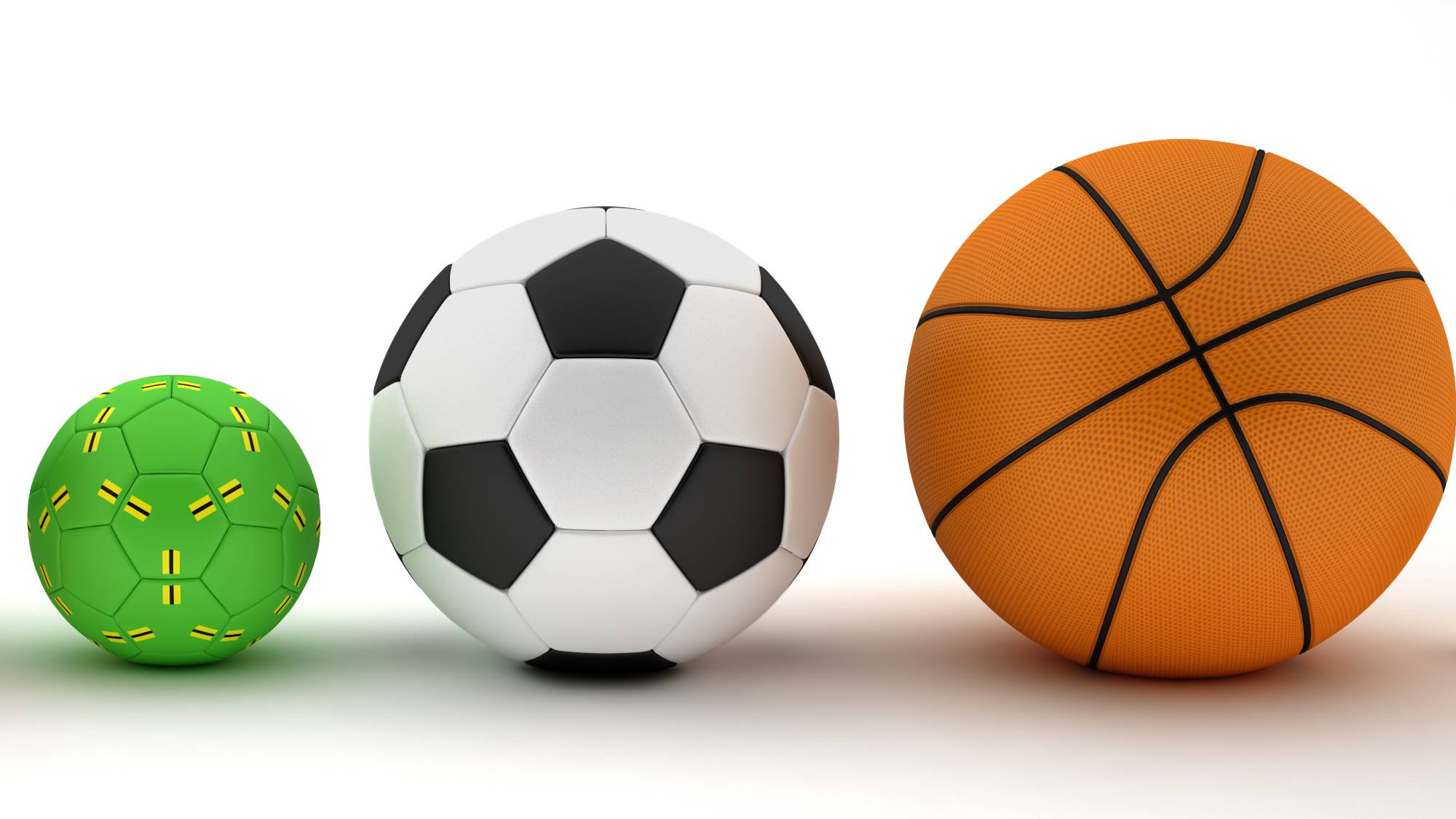 American football, volleyball, handball, soccer ball, basketball, golf ball and tennis ball. 3d render.