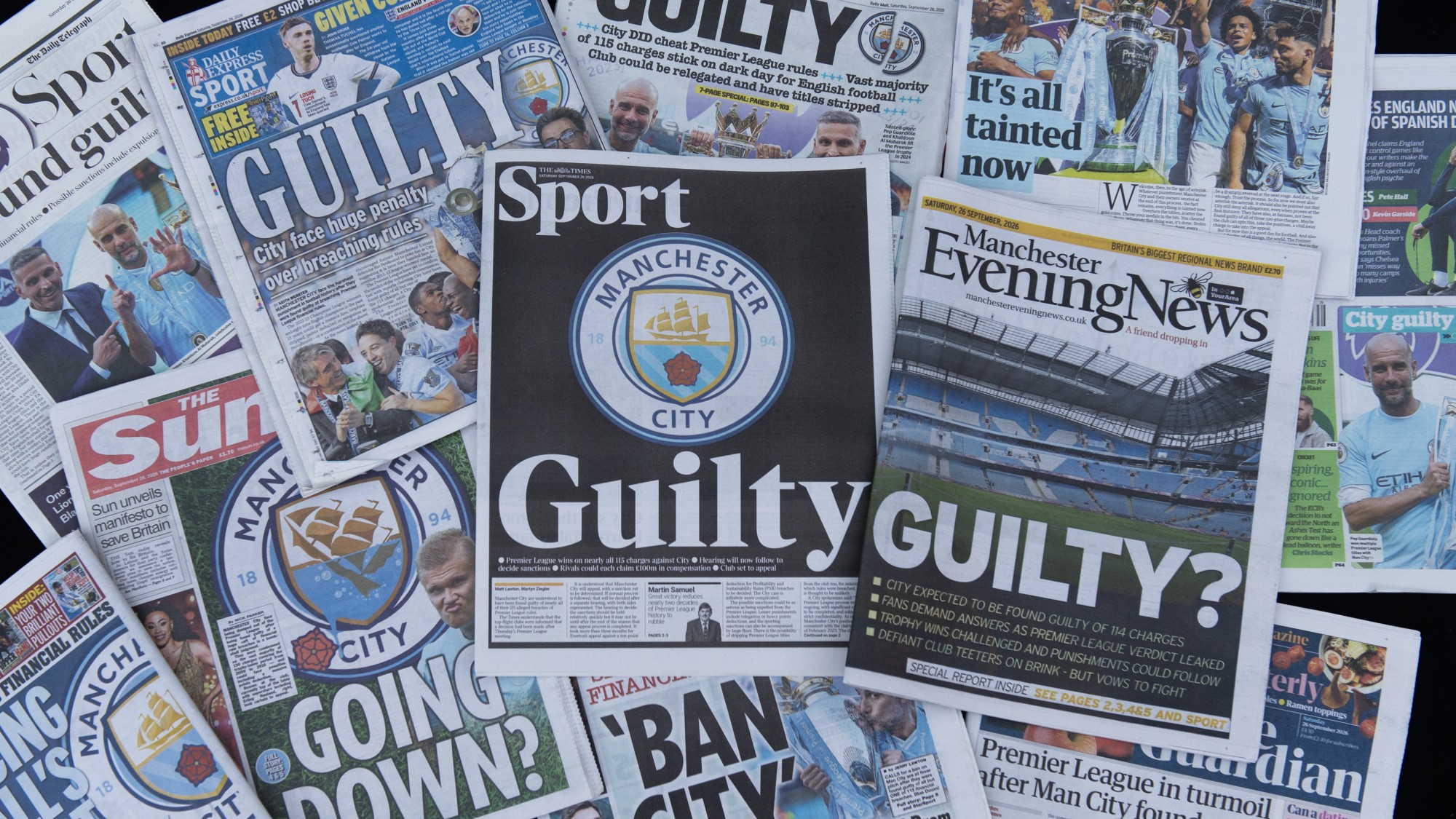 A brit lapok címoldalai, miután kimondták a Manchester City bűnösségét.