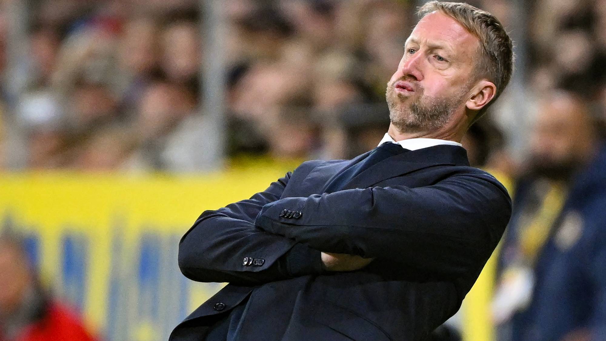 Sweden's head coach Graham Potter reacts during the UEFA Nations League Group B4 football match between Sweden and Romania in Solna, Sweden on September 25, 2026.