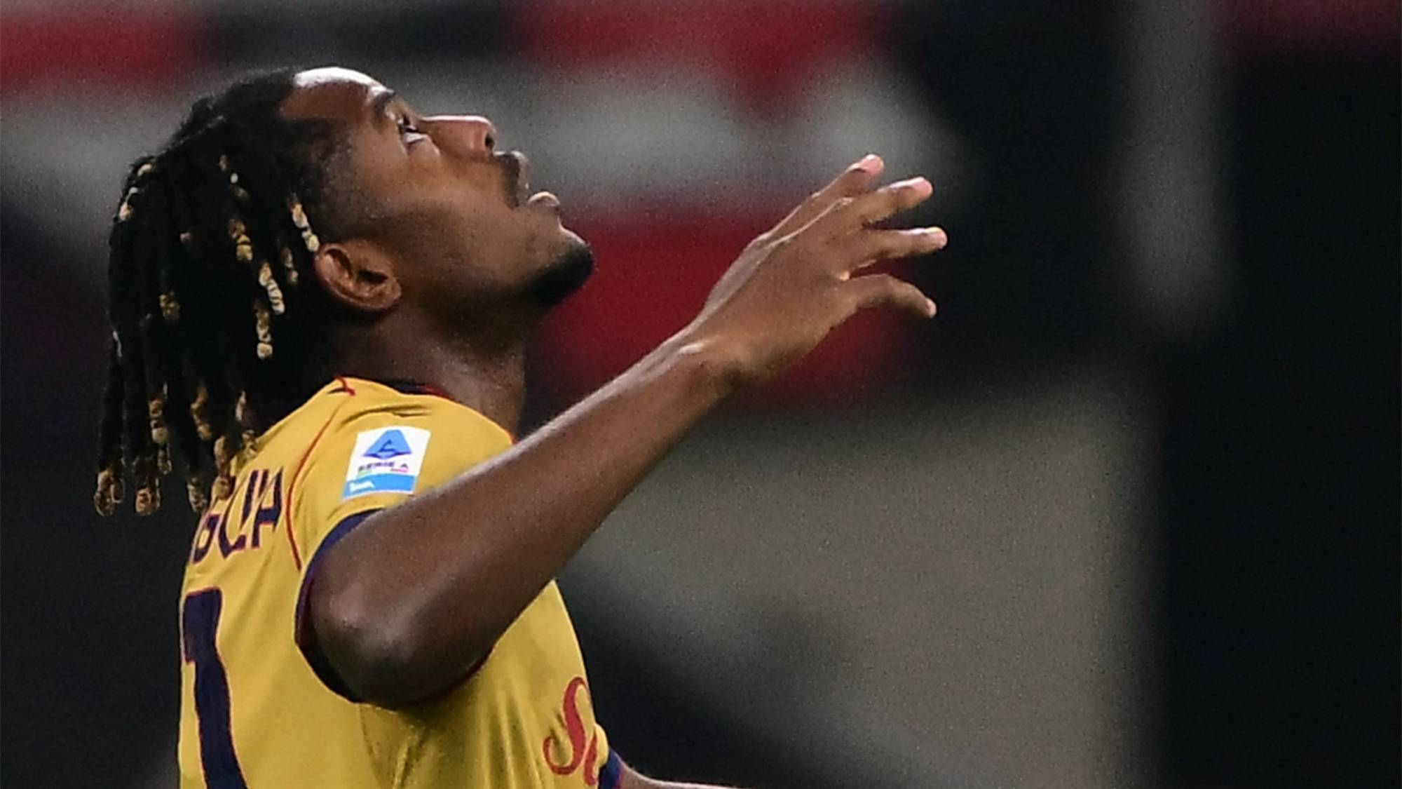 Bologna’s Belgian forward #11 Samuel Mbangula celebrates after scoring his team first goal during the Italian Serie A football match between AC Milan and Bologna at the San Siro stadium in Milan, northern Italy on October 28, 2026.