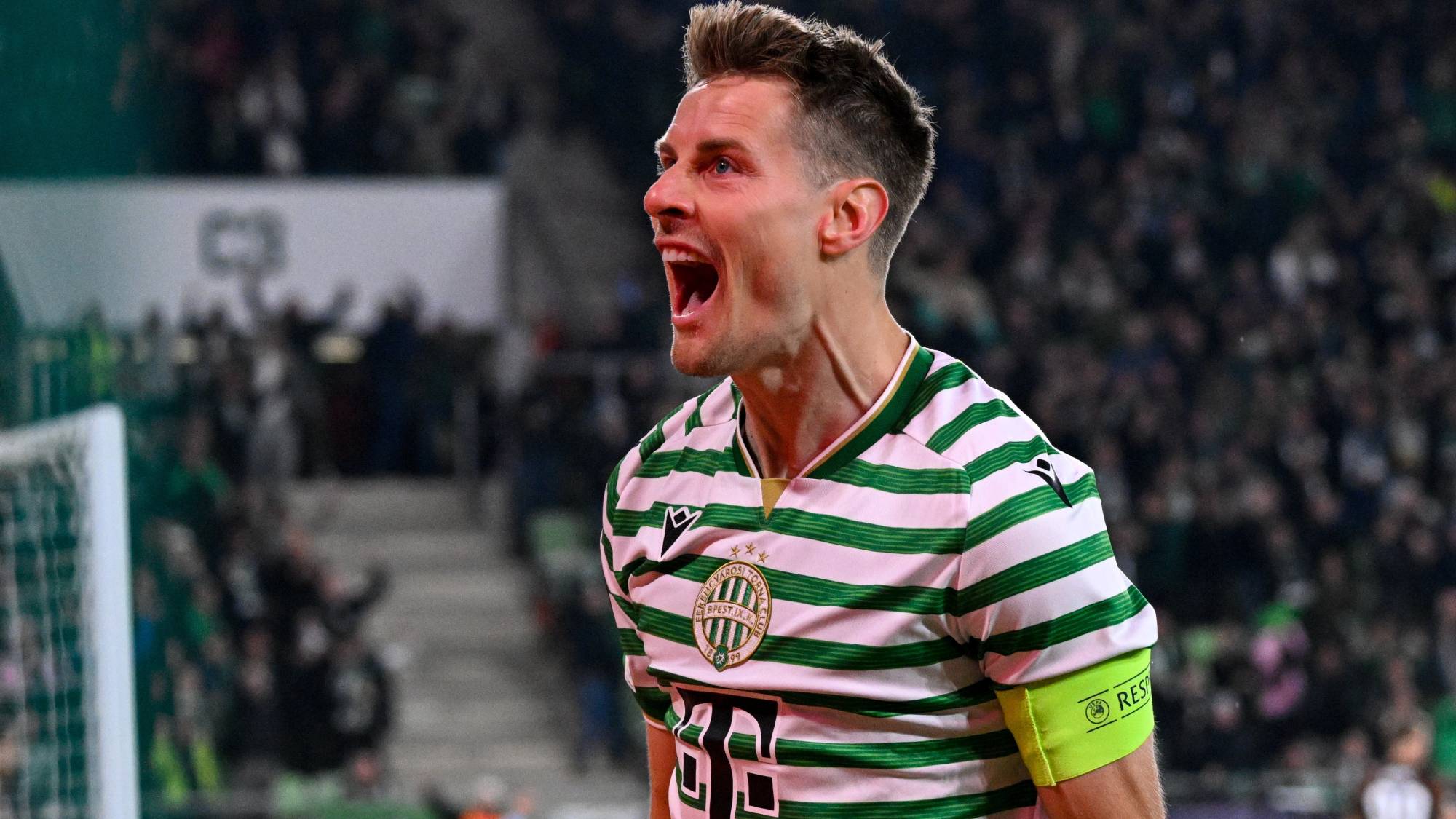 Kristoffer Zachariassen, a Ferencváros játékosa, miután gólt szerzett a labdarúgó Európa-liga alapszakasza második fordulójának Ferencvárosi TC – FC Viktoria Plsen mérkőzésén a Groupama Arénában 2026. október 15-én.